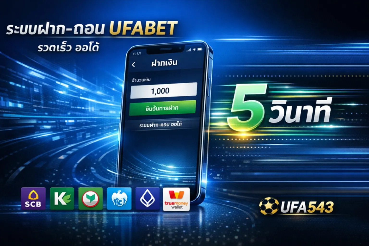 ระบบฝาก-ถอน UFABET UFA543 ออโต้ 5 วินาที รองรับทรูวอเลท ทุกธนาคาร
